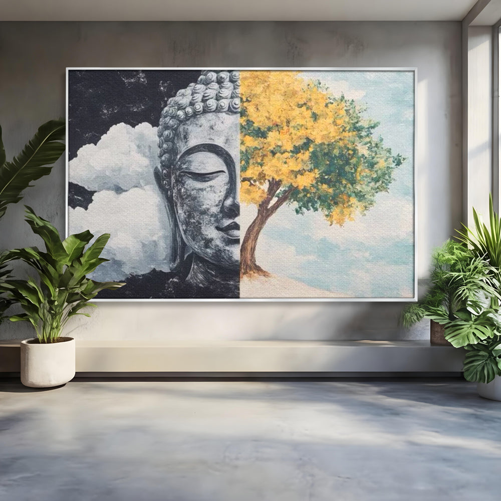 Tablou canvas cu tablou canvas cu buddha si copac, in rama de aluminiu argintiu